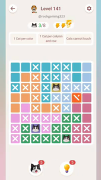 Meowdoku Level 141 step 3 screenshot showing the cat placement at F8 with 3 of 8 cats visible on the board.