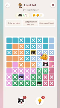 Meowdoku Level 141 step 4 screenshot showing the cat placement at G5 with 4 of 8 cats visible on the board.