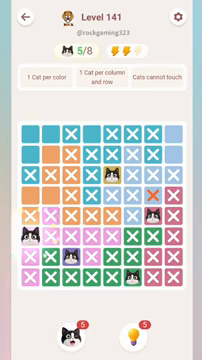 Meowdoku Level 141 step 5 screenshot showing the cat placement at A6 with 5 of 8 cats visible on the board.