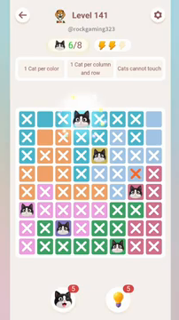 Meowdoku Level 141 step 6 screenshot showing the cat placement at D1 with 6 of 8 cats visible on the board.