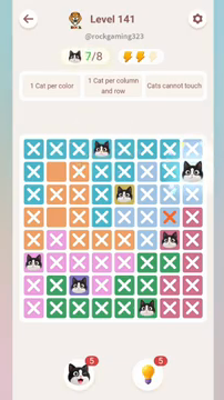 Meowdoku Level 141 step 7 screenshot showing the cat placement at H2 with 7 of 8 cats visible on the board.