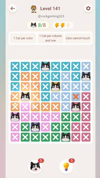 Meowdoku Level 141 step 8 screenshot showing the cat placement at B4 with 8 of 8 cats visible on the board.