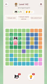 Meowdoku Level 142 step 1 screenshot showing the cat placement at C3 with 1 of 9 cats visible on the board.