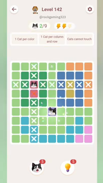 Meowdoku Level 142 step 2 screenshot showing the cat placement at E6 with 2 of 9 cats visible on the board.