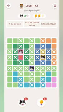Meowdoku Level 142 step 3 screenshot showing the cat placement at G4 with 3 of 9 cats visible on the board.