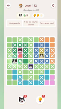 Meowdoku Level 142 step 4 screenshot showing the cat placement at B5 with 4 of 9 cats visible on the board.