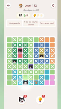 Meowdoku Level 142 step 5 screenshot showing the cat placement at D9 with 5 of 9 cats visible on the board.