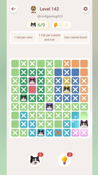 Meowdoku Level 142 step 6 screenshot showing the cat placement at I8 with 6 of 9 cats visible on the board.