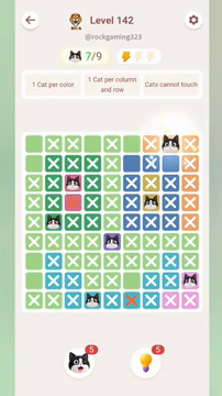 Meowdoku Level 142 step 7 screenshot showing the cat placement at H1 with 7 of 9 cats visible on the board.