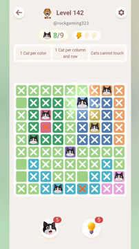 Meowdoku Level 142 step 8 screenshot showing the cat placement at F2 with 8 of 9 cats visible on the board.