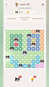 Meowdoku Level 142 step 9 screenshot showing the cat placement at A7 with 9 of 9 cats visible on the board.