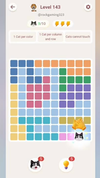 Meowdoku Level 143 step 1 screenshot showing the cat placement at I10 with 1 of 10 cats visible on the board.