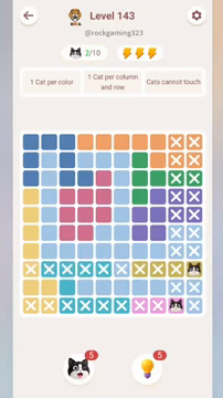 Meowdoku Level 143 step 2 screenshot showing the cat placement at J8 with 2 of 10 cats visible on the board.