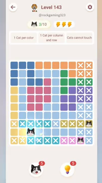 Meowdoku Level 143 step 3 screenshot showing the cat placement at C9 with 3 of 10 cats visible on the board.