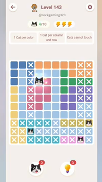 Meowdoku Level 143 step 4 screenshot showing the cat placement at D3 with 4 of 10 cats visible on the board.