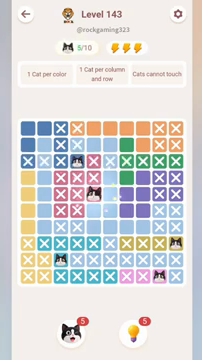 Meowdoku Level 143 step 5 screenshot showing the cat placement at E5 with 5 of 10 cats visible on the board.