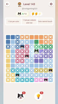 Meowdoku Level 143 step 6 screenshot showing the cat placement at G4 with 6 of 10 cats visible on the board.