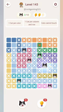 Meowdoku Level 143 step 7 screenshot showing the cat placement at H6 with 7 of 10 cats visible on the board.