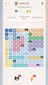 Meowdoku Level 143 step 8 screenshot showing the cat placement at F1 with 8 of 10 cats visible on the board.