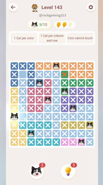 Meowdoku Level 143 step 9 screenshot showing the cat placement at A7 with 9 of 10 cats visible on the board.