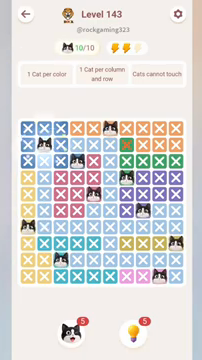 Meowdoku Level 143 step 10 screenshot showing the cat placement at B2 with 10 of 10 cats visible on the board.