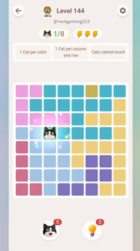 Meowdoku Level 144 step 1 screenshot showing the cat placement at C4 with 1 of 8 cats visible on the board.