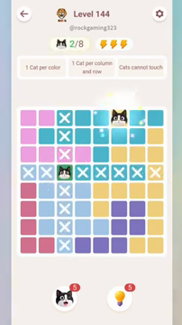 Meowdoku Level 144 step 2 screenshot showing the cat placement at F1 with 2 of 8 cats visible on the board.