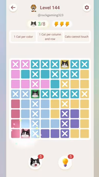 Meowdoku Level 144 step 3 screenshot showing the cat placement at B8 with 3 of 8 cats visible on the board.