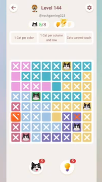 Meowdoku Level 144 step 5 screenshot showing the cat placement at H5 with 5 of 8 cats visible on the board.