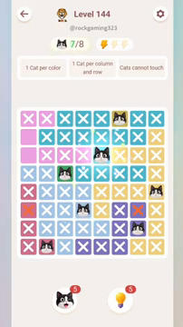 Meowdoku Level 144 step 7 screenshot showing the cat placement at E3 with 7 of 8 cats visible on the board.