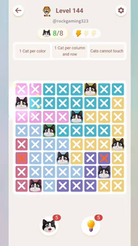 Meowdoku Level 144 step 8 screenshot showing the cat placement at A2 with 8 of 8 cats visible on the board.