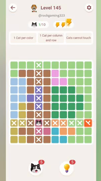 Meowdoku Level 145 step 1 screenshot showing the cat placement at D8 with 1 of 10 cats visible on the board.