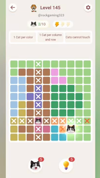 Meowdoku Level 145 step 2 screenshot showing the cat placement at H9 with 2 of 10 cats visible on the board.
