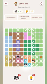 Meowdoku Level 145 step 3 screenshot showing the cat placement at F10 with 3 of 10 cats visible on the board.