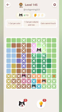 Meowdoku Level 145 step 4 screenshot showing the cat placement at G3 with 4 of 10 cats visible on the board.