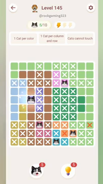 Meowdoku Level 145 step 5 screenshot showing the cat placement at C5 with 5 of 10 cats visible on the board.