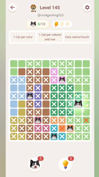 Meowdoku Level 145 step 6 screenshot showing the cat placement at I6 with 6 of 10 cats visible on the board.