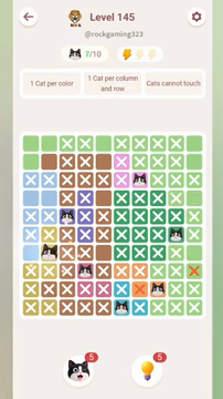 Meowdoku Level 145 step 7 screenshot showing the cat placement at B7 with 7 of 10 cats visible on the board.