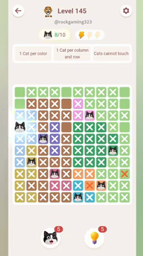 Meowdoku Level 145 step 8 screenshot showing the cat placement at A4 with 8 of 10 cats visible on the board.