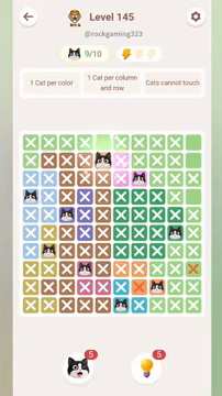 Meowdoku Level 145 step 9 screenshot showing the cat placement at E2 with 9 of 10 cats visible on the board.