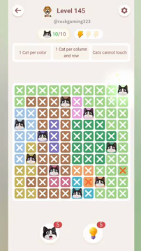 Meowdoku Level 145 step 10 screenshot showing the cat placement at J1 with 10 of 10 cats visible on the board.