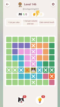 Meowdoku Level 146 step 1 screenshot showing the cat placement at E6 with 1 of 8 cats visible on the board.