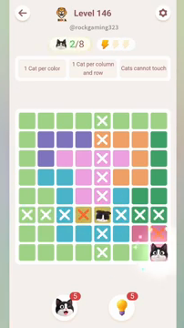 Meowdoku Level 146 step 2 screenshot showing the cat placement at H8 with 2 of 8 cats visible on the board.