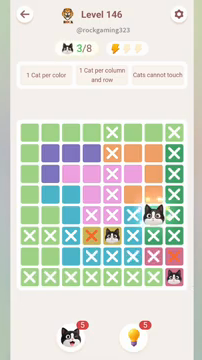 Meowdoku Level 146 step 3 screenshot showing the cat placement at G5 with 3 of 8 cats visible on the board.