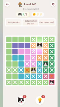 Meowdoku Level 146 step 4 screenshot showing the cat placement at F2 with 4 of 8 cats visible on the board.