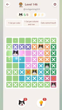Meowdoku Level 146 step 5 screenshot showing the cat placement at B3 with 5 of 8 cats visible on the board.
