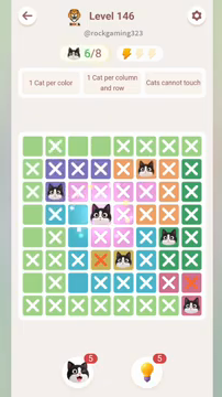 Meowdoku Level 146 step 6 screenshot showing the cat placement at D4 with 6 of 8 cats visible on the board.