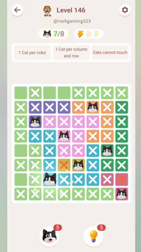 Meowdoku Level 146 step 7 screenshot showing the cat placement at C7 with 7 of 8 cats visible on the board.