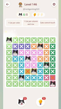 Meowdoku Level 146 step 8 screenshot showing the cat placement at A1 with 8 of 8 cats visible on the board.