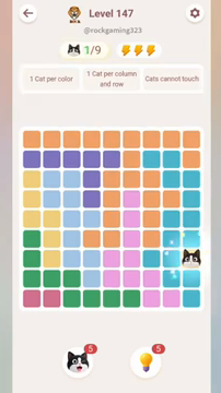 Meowdoku Level 147 step 1 screenshot showing the cat placement at I7 with 1 of 9 cats visible on the board.